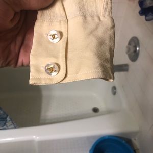 Vintage Chanel button-up signature,elegant button detail 100%silk cream blouse,